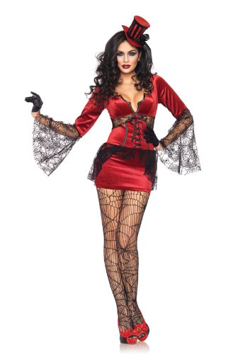 Leg Avenue Women’s Neck Biting Vamp Velvet Dress with Web Lace Cut Out, Red, Large